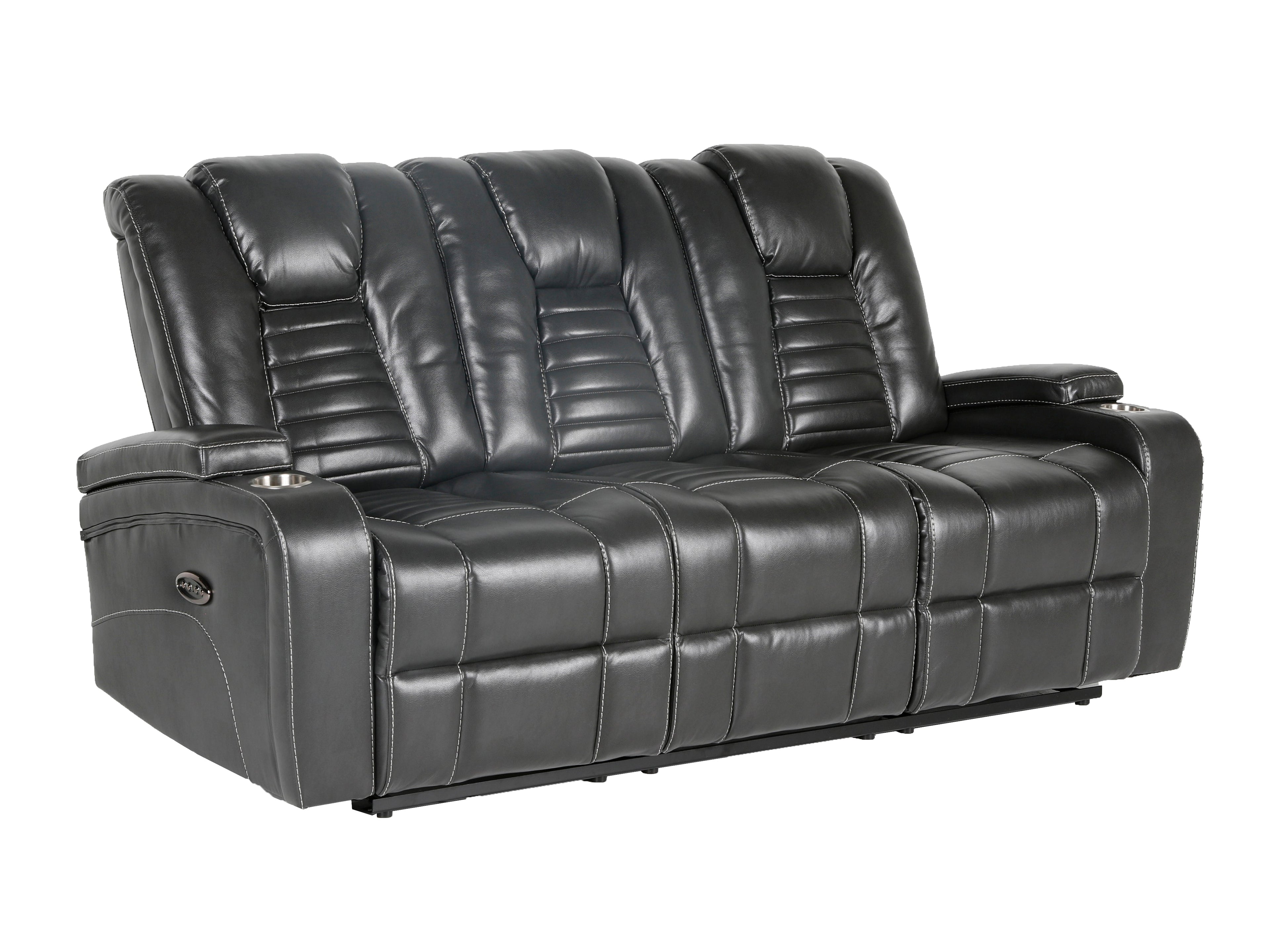 Meridian Grey 3-Piece Living Room Set with Power Headrests, Cup Holders & Storage