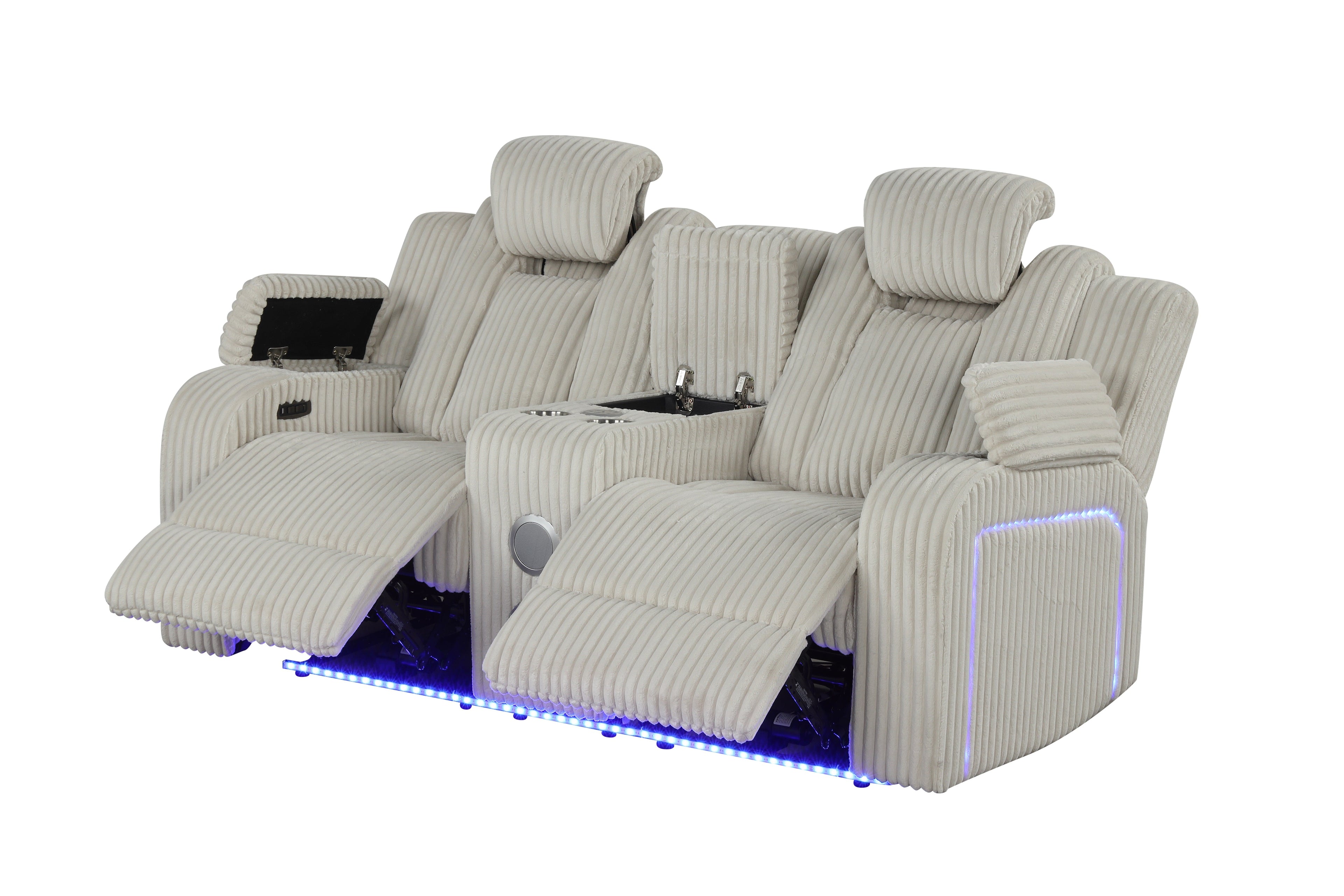 Beige Corduroy Power Reclining Living Room Set w/ Power Headrests, LED Lights, Speakers, USB & Wireless Charging