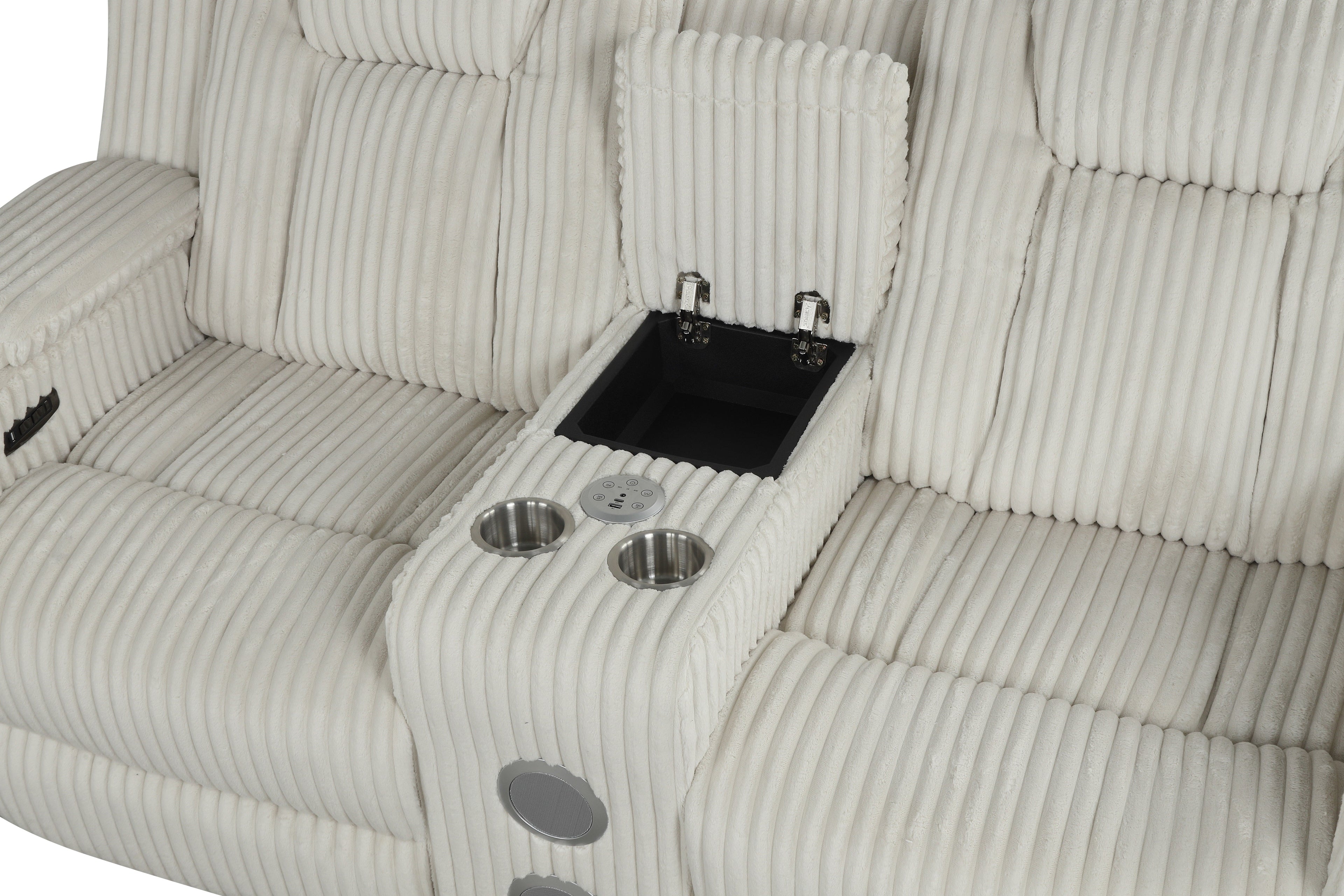 Beige Corduroy Power Reclining Living Room Set w/ Power Headrests, LED Lights, Speakers, USB & Wireless Charging