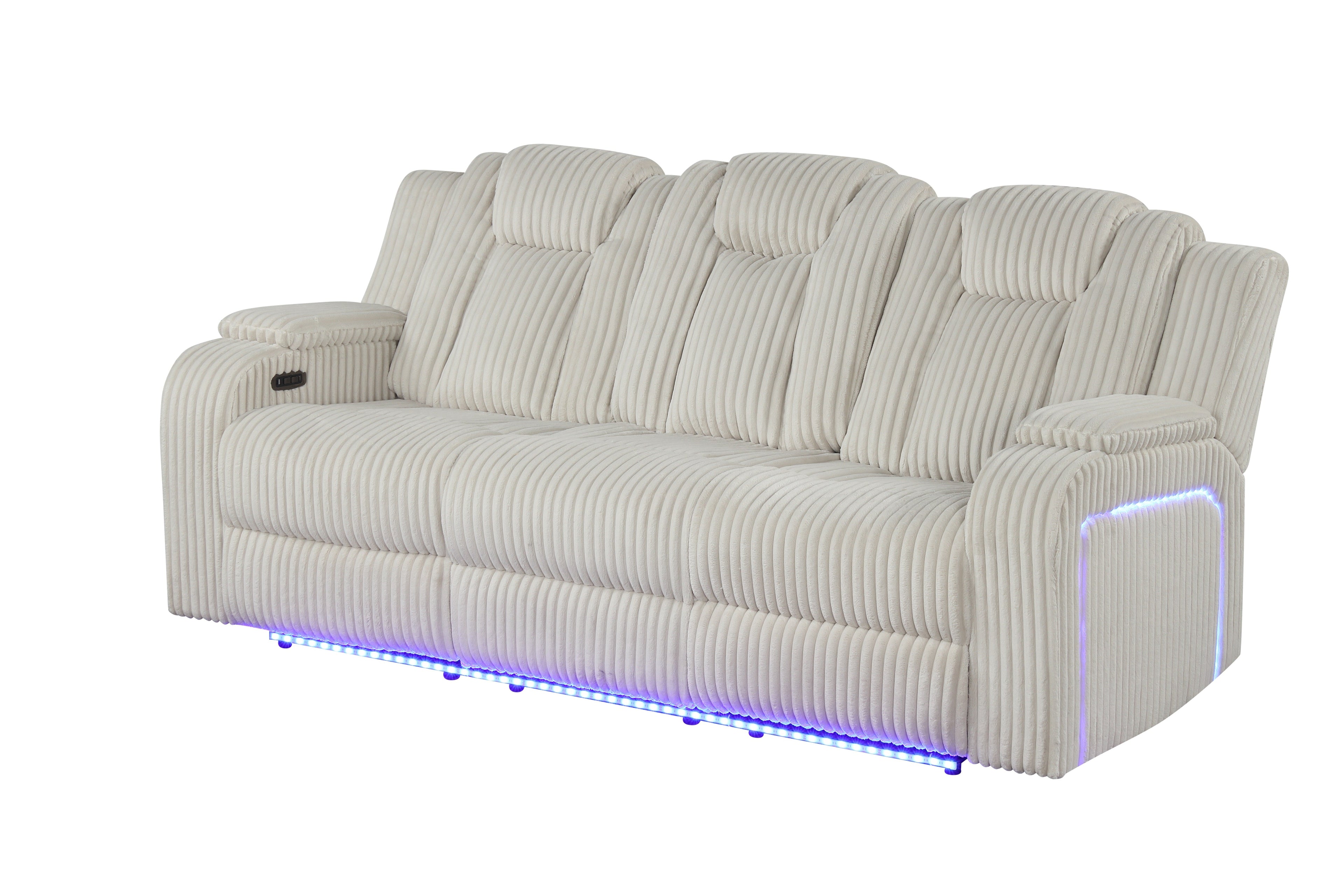 Beige Corduroy Power Reclining Living Room Set w/ Power Headrests, LED Lights, Speakers, USB & Wireless Charging