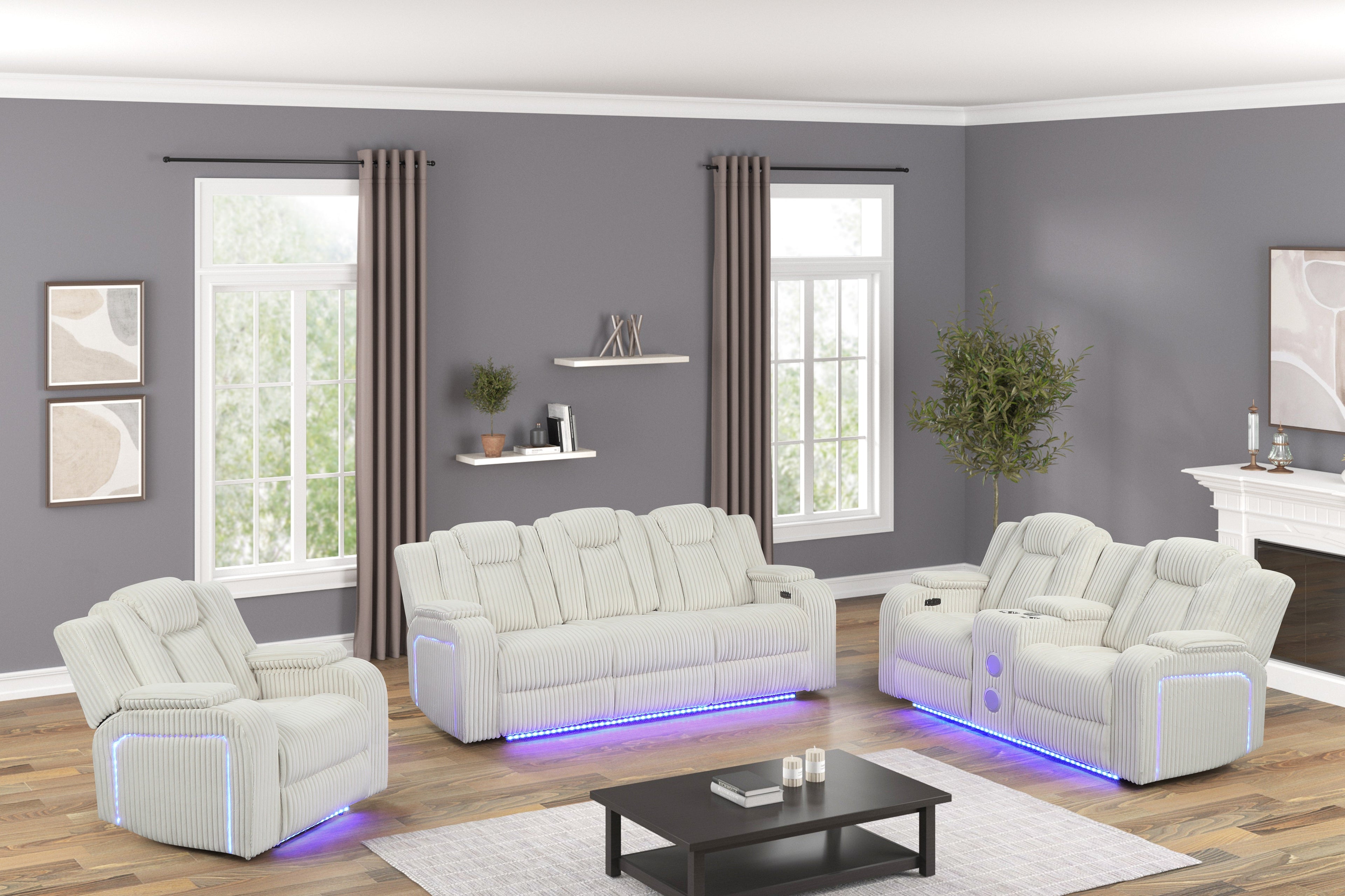 Beige Corduroy Power Reclining Living Room Set w/ Power Headrests, LED Lights, Speakers, USB & Wireless Charging