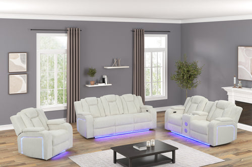 Beige Corduroy Power Reclining Living Room Set w/ Power Headrests, LED Lights, Speakers, USB & Wireless Charging
