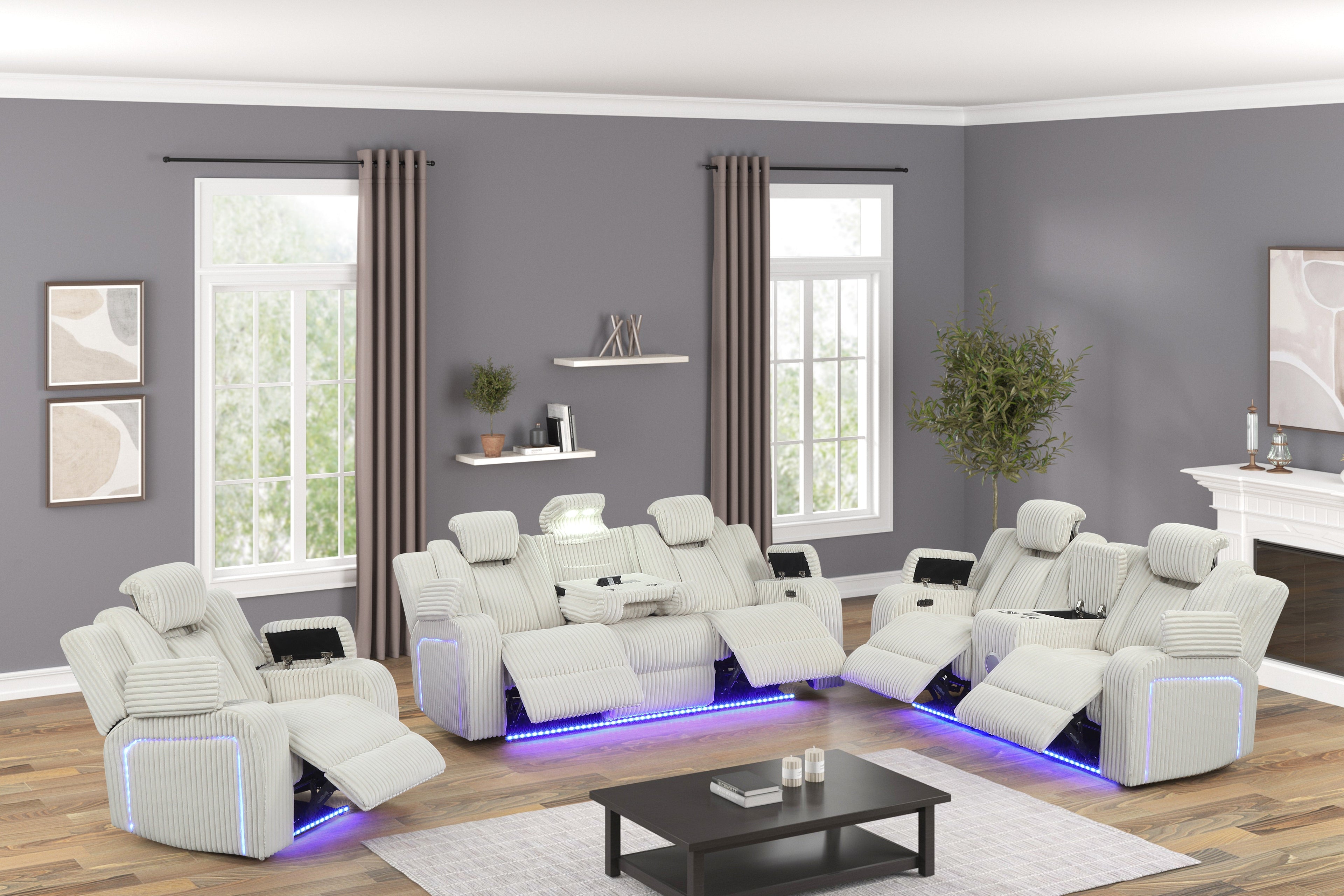 Beige Corduroy Power Reclining Living Room Set w/ Power Headrests, LED Lights, Speakers, USB & Wireless Charging