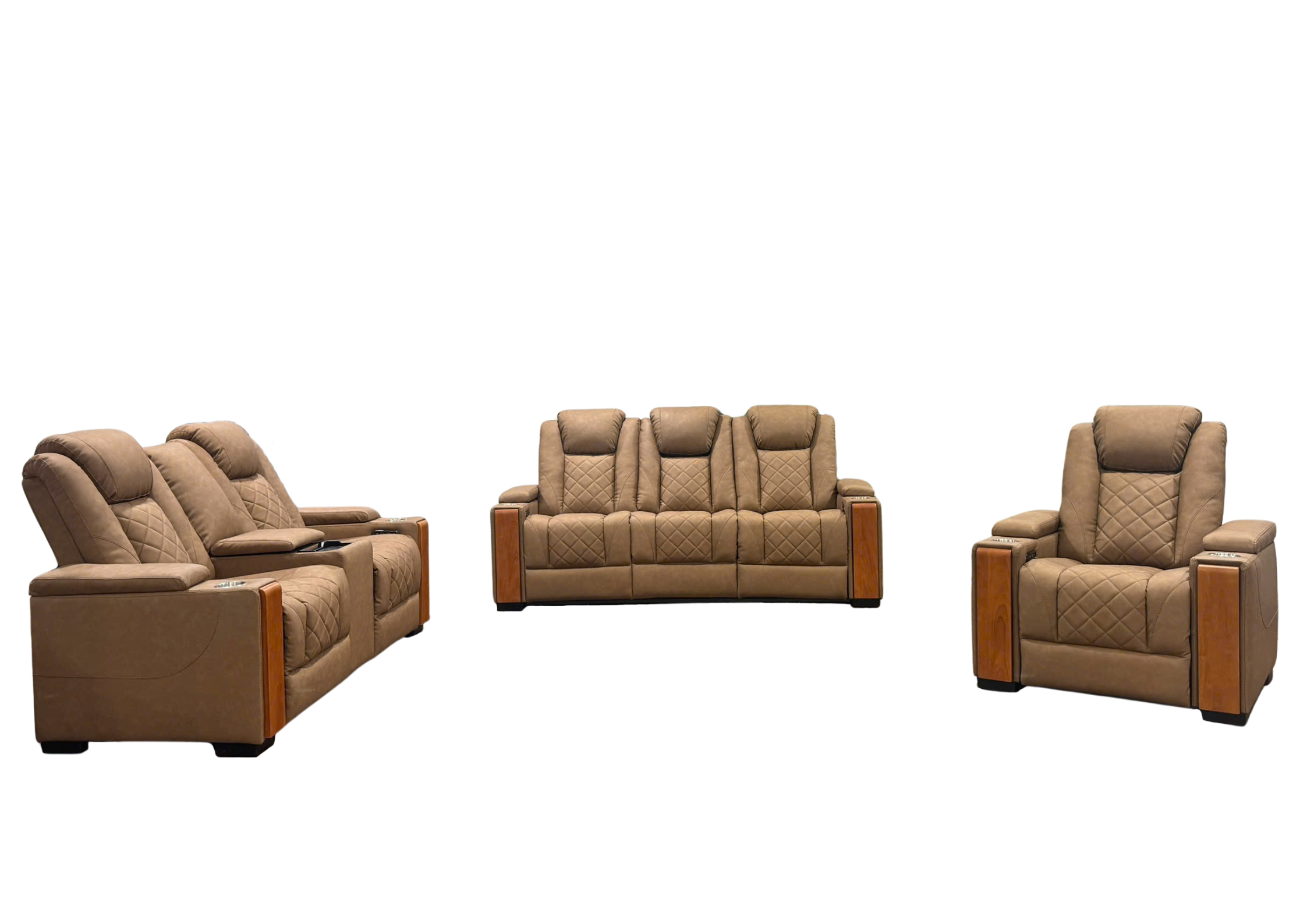 Modern 3-Piece Power Reclining Living Room Set in Camel - Power Headrests, USB & Wireless Charging, Hidden Armrest Storage, Cup Holders, & Reading Light