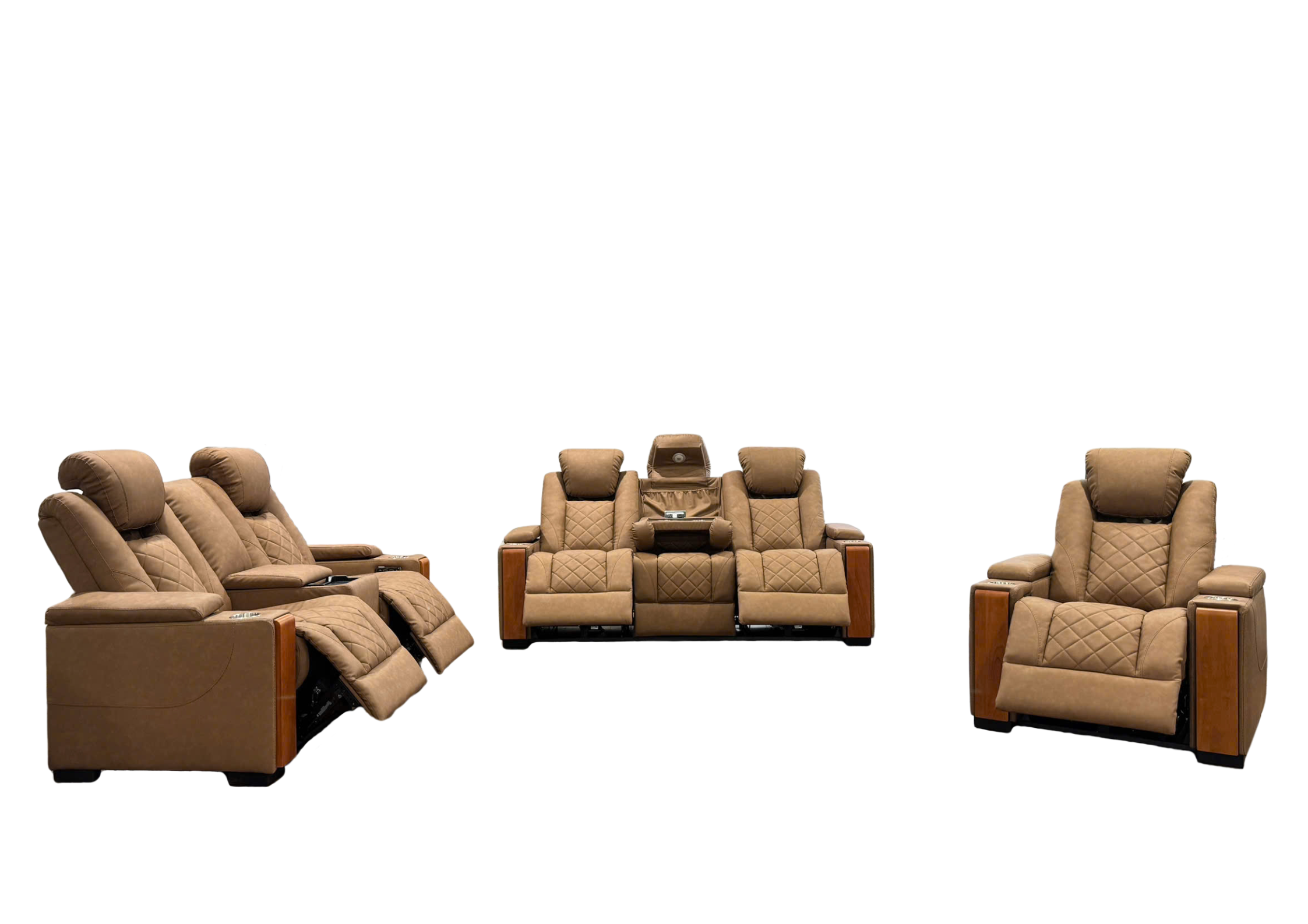 Modern 3-Piece Power Reclining Living Room Set in Camel - Power Headrests, USB & Wireless Charging, Hidden Armrest Storage, Cup Holders, & Reading Light