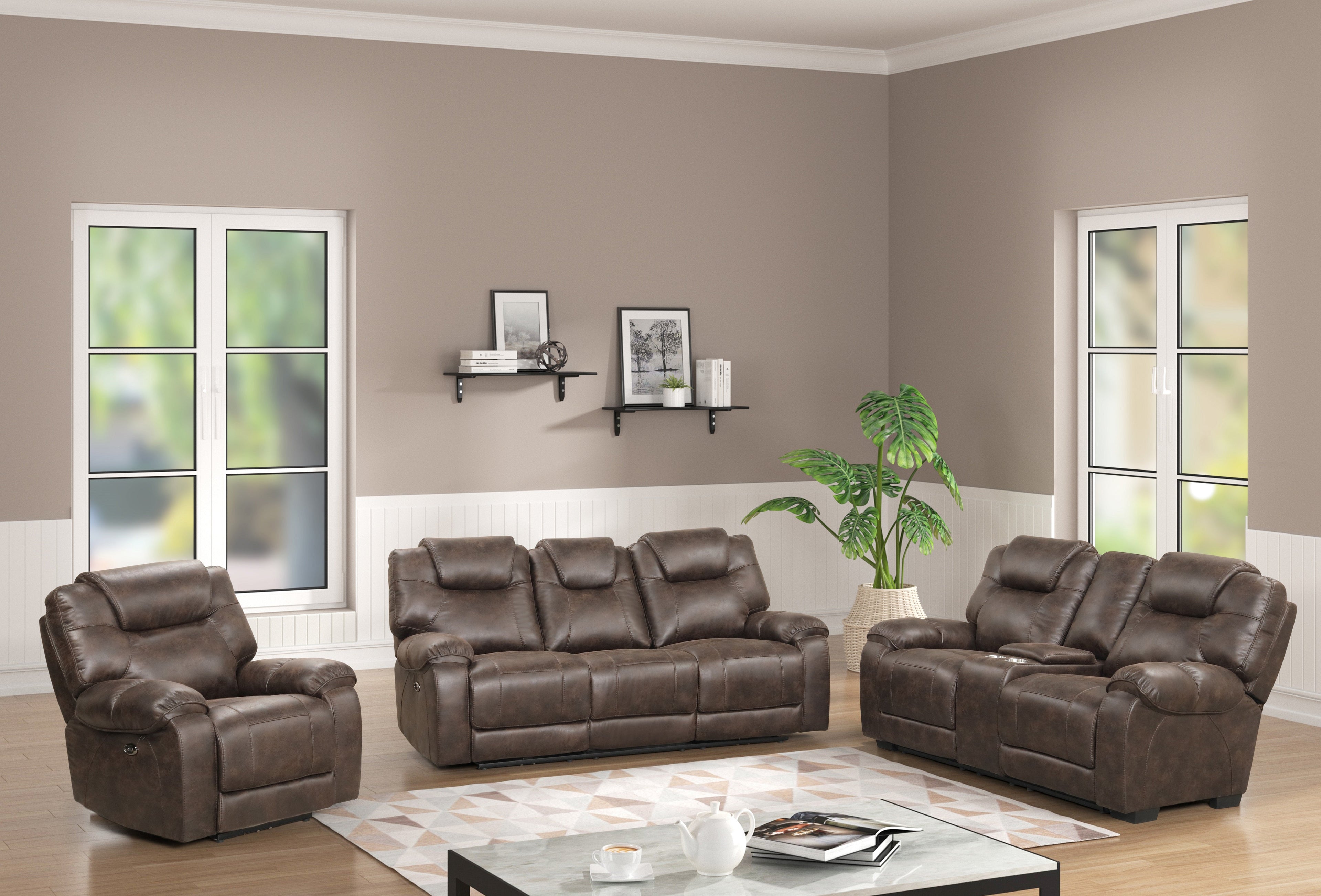 Transitional Red Brown Power Reclining 3-Piece Living Room Set with Plush High-Back Comfort & Pillow-Top Arms
